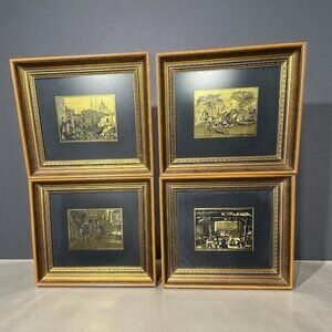 Set of 4 Vintage Framed Gold Foil Etching Art Prints by Lionel Barrymore 15x16.5